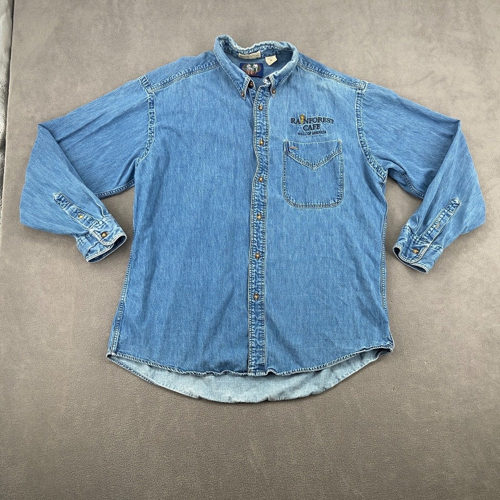 VTG Sero Washed Cottons Denim Shirt Mens XL Blue Rainforest Cafe Mall of America